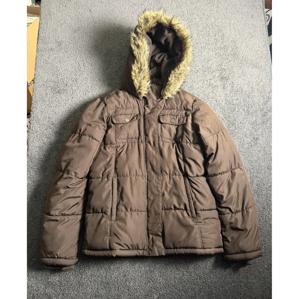 Old Navy Boys XL 14 Brown Puffer Jacket Faux Fur Hood Fleece Lined 856599-01